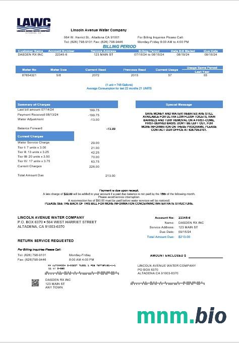 Usa California Lincoln Avenue Water Company rachunek za usługi komunalne szablon w formacie Word i PDF